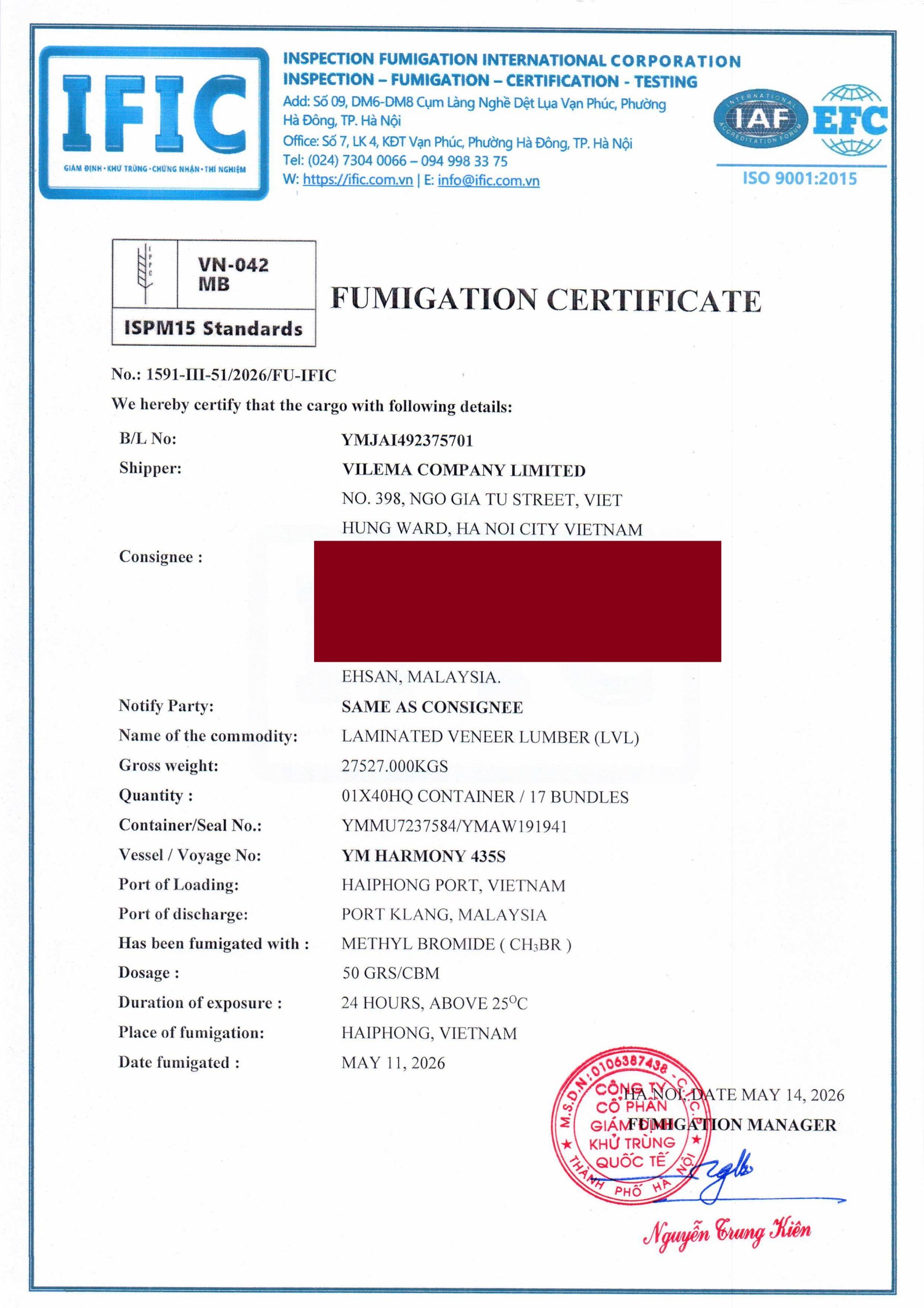 Fumigation certificate