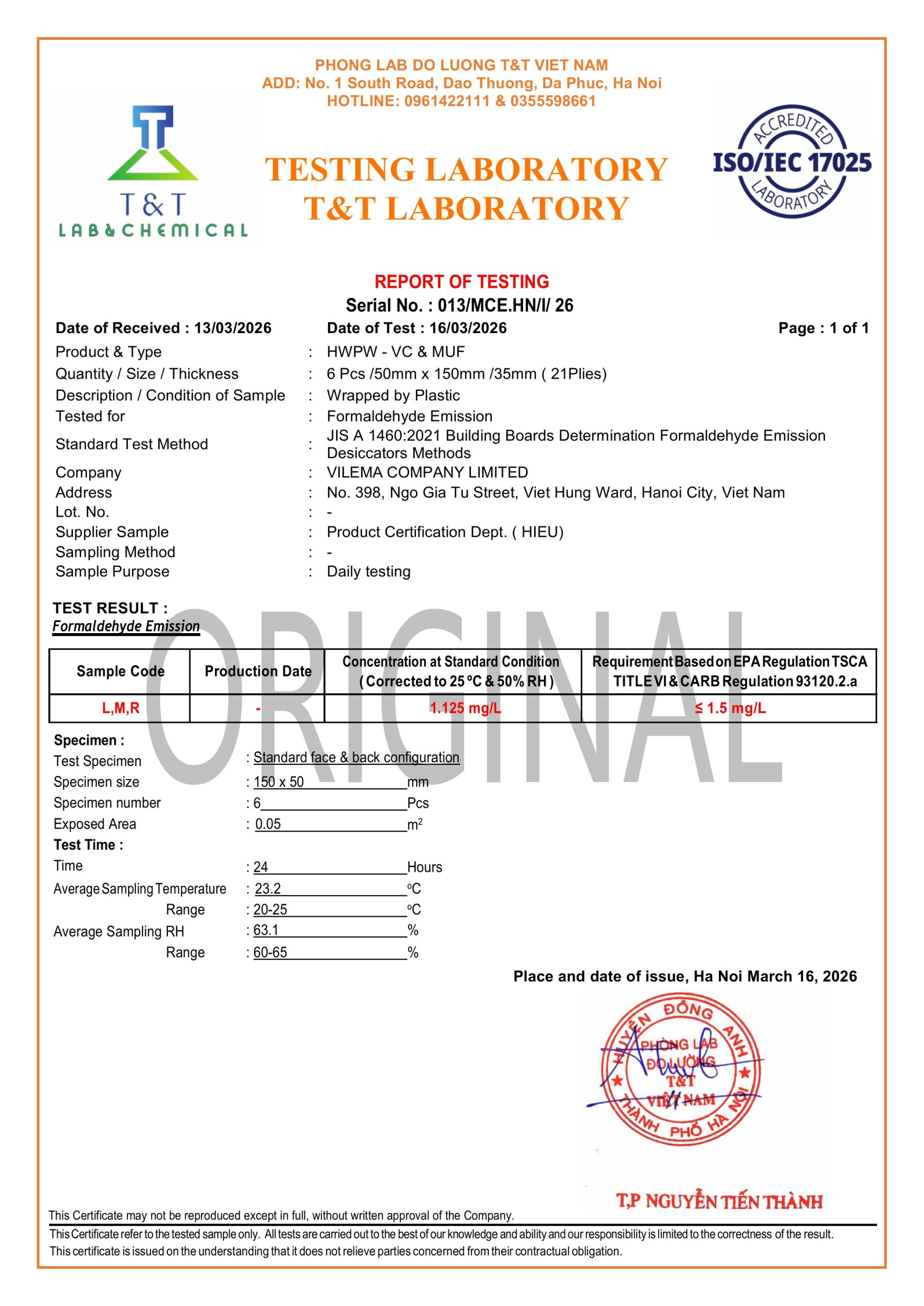 Formaldehyde certificate